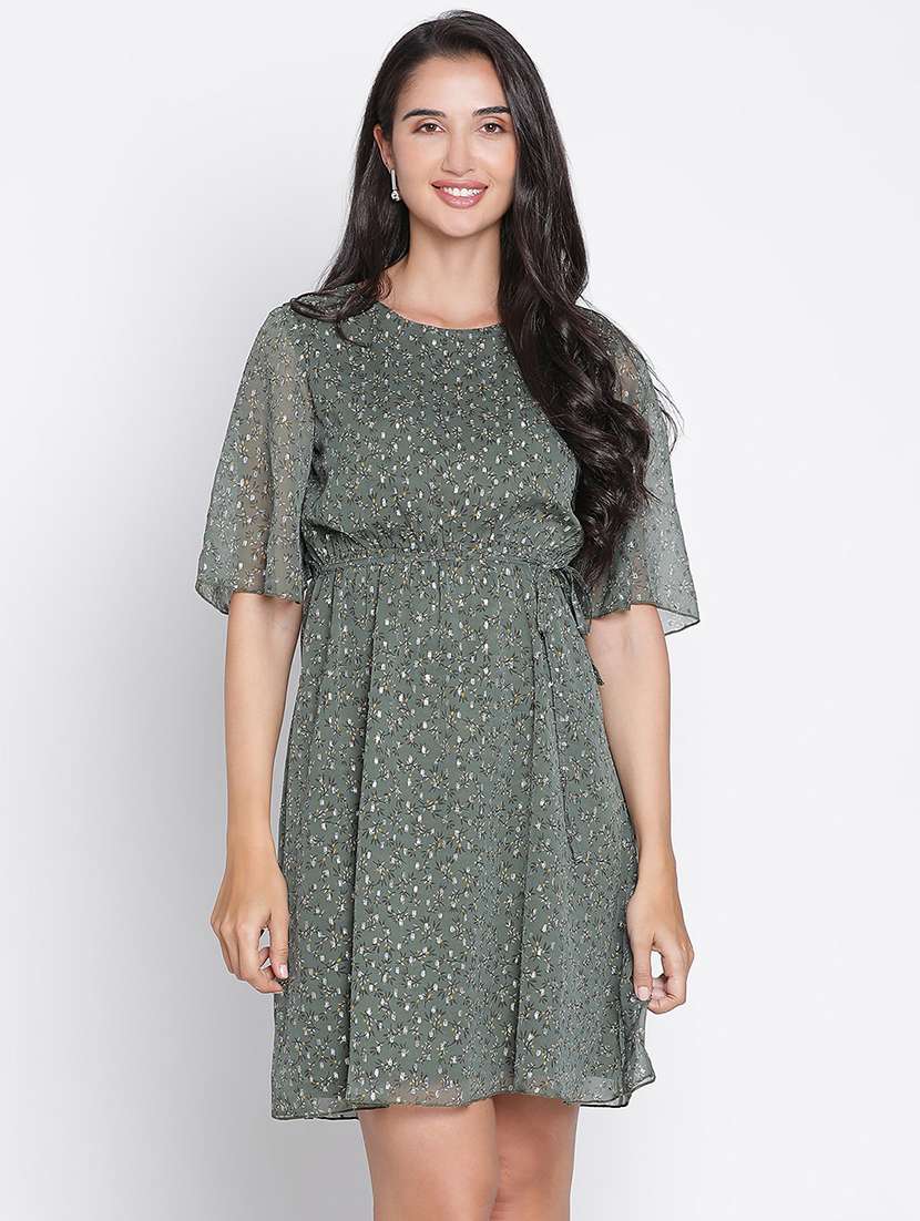 green printed fit & flare dress