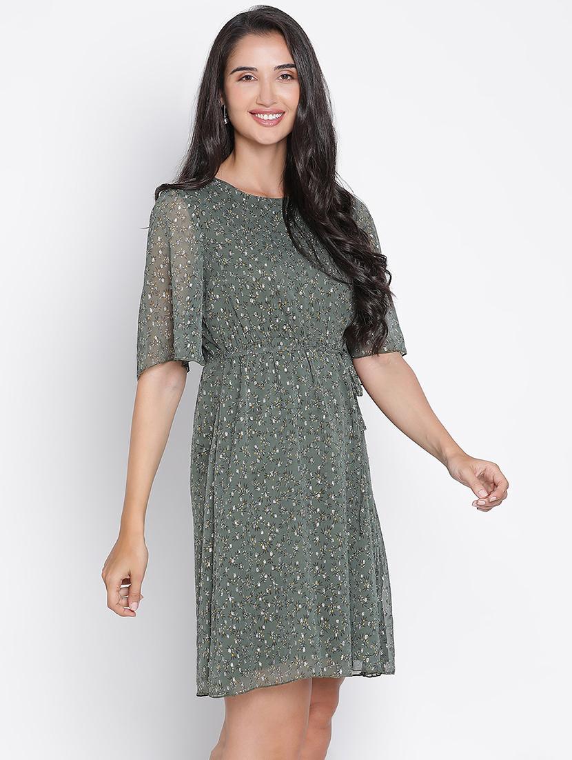 green printed fit & flare dress - 21399418 - Standard Image - 2