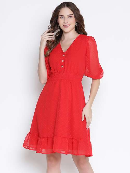 women red self design v neck tiered dress - 21399423 - Standard Image - 0