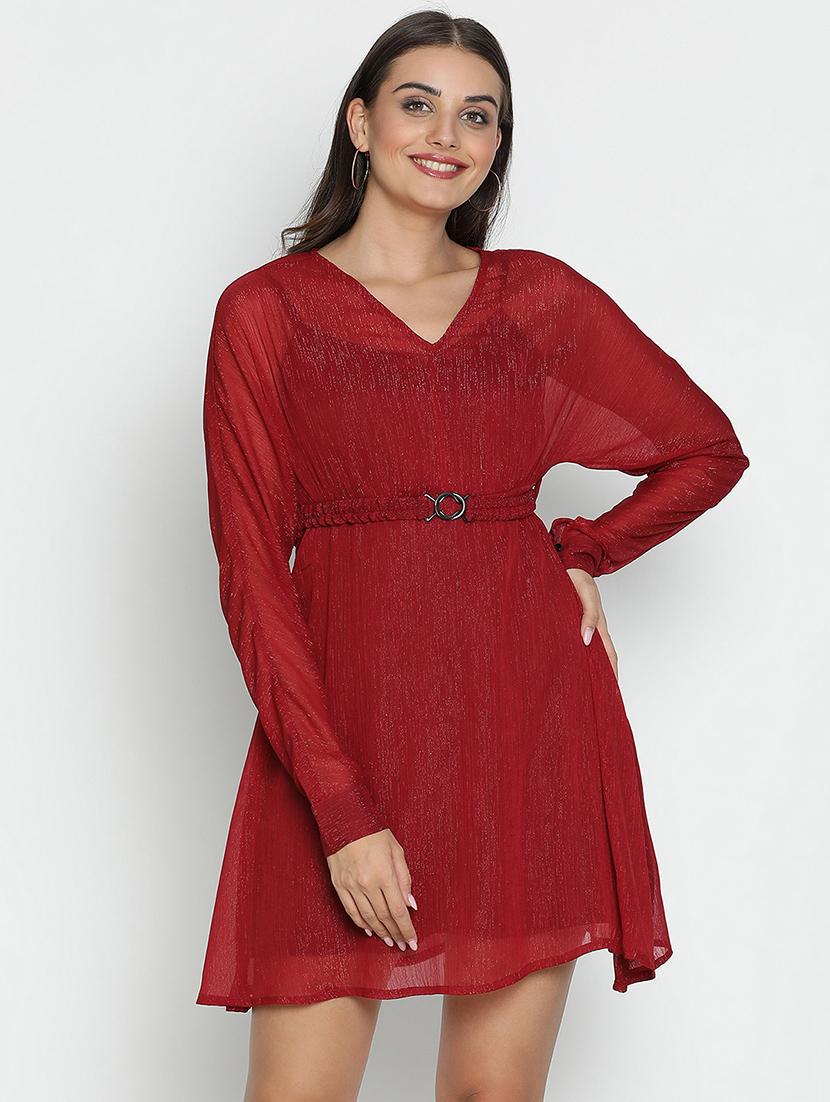 maroon solid fit & flare dress