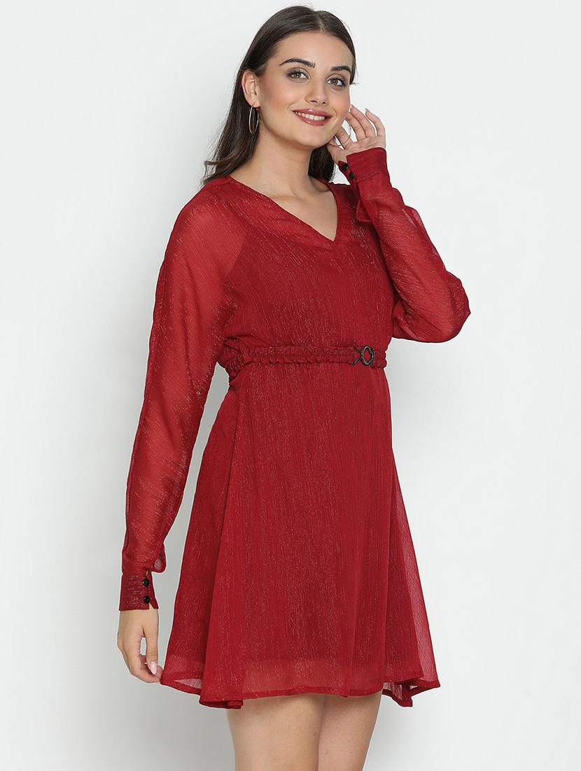 maroon solid fit & flare dress - 21399426 - Standard Image - 2