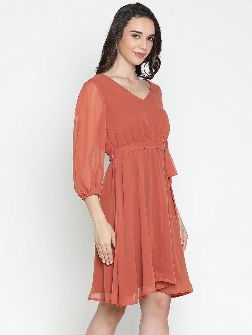women rust polyester fit & flare dress - 21399427 - Standard Image - 2