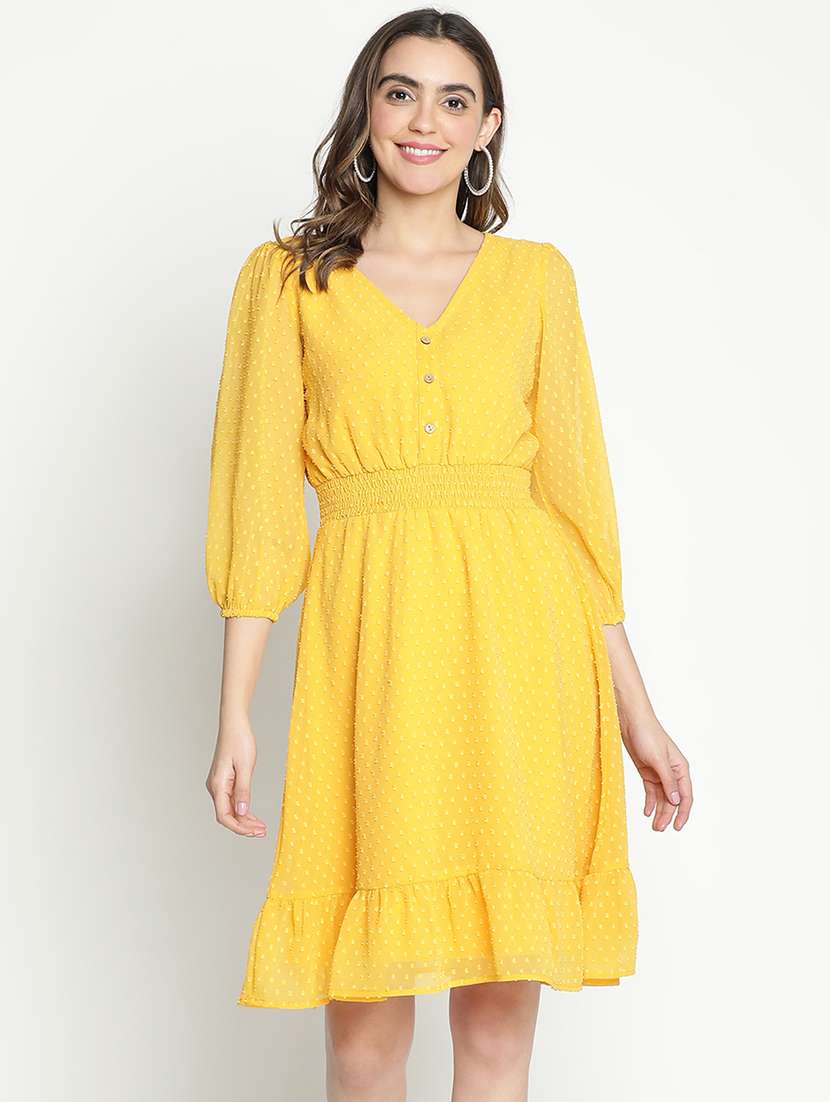 women yellow polyester fit & flare dress