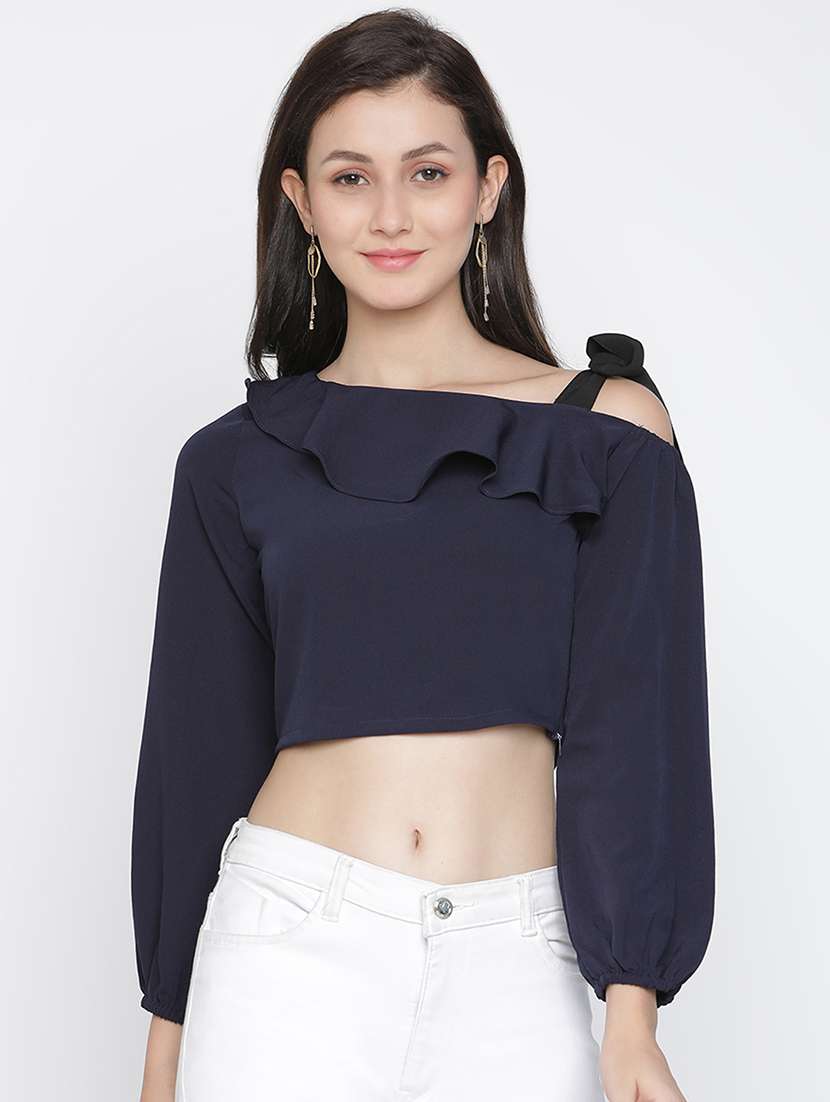 women navy blue polyester crop top