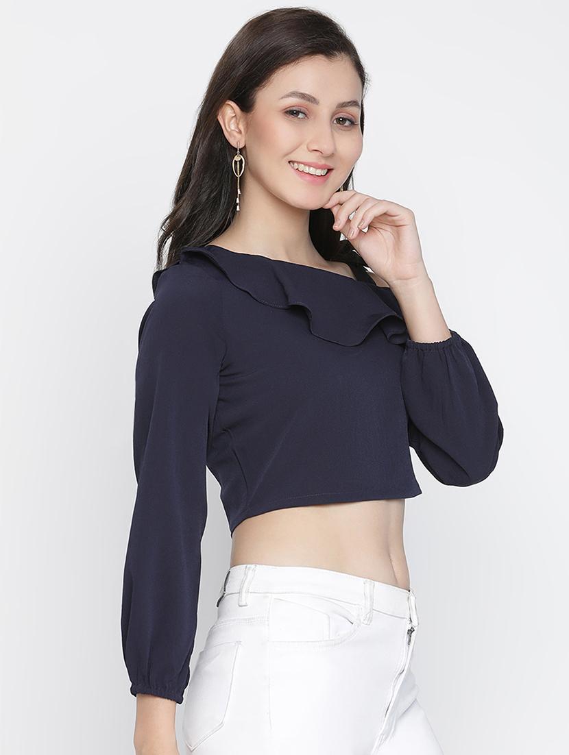 women navy blue polyester crop top - 21399476 - Standard Image - 2