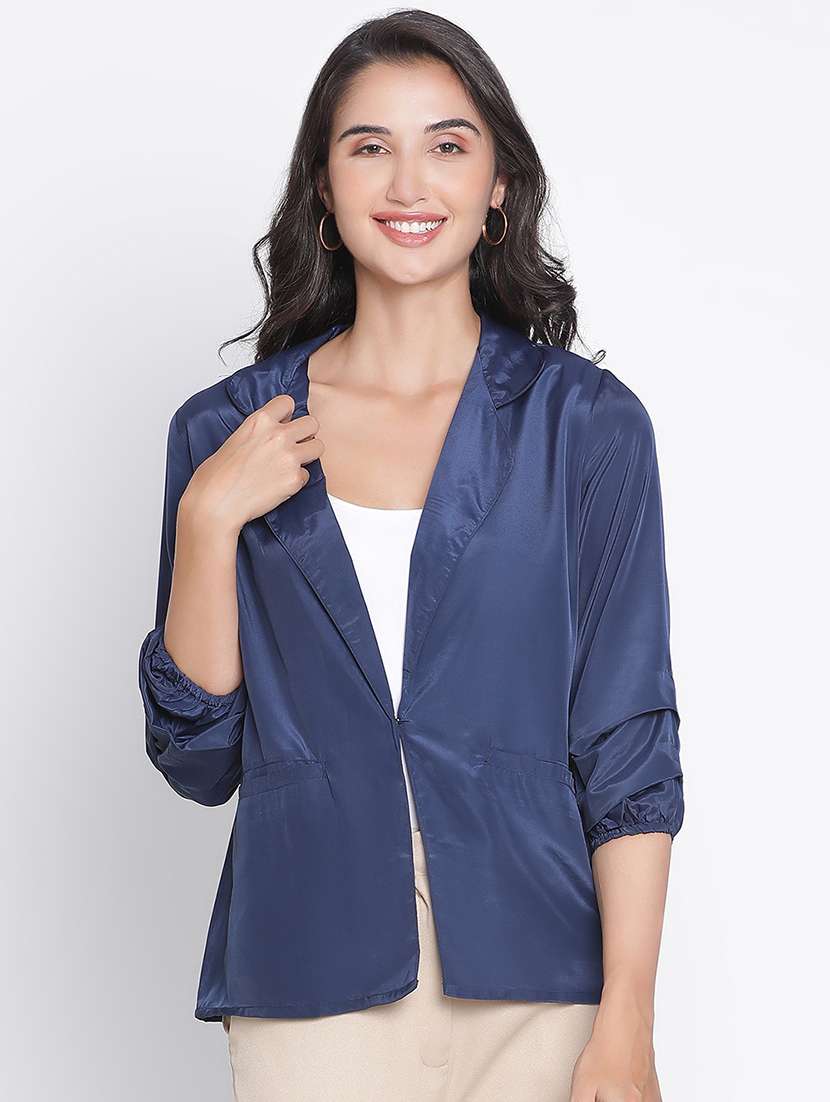 women navy blue polyester regular summer jacket