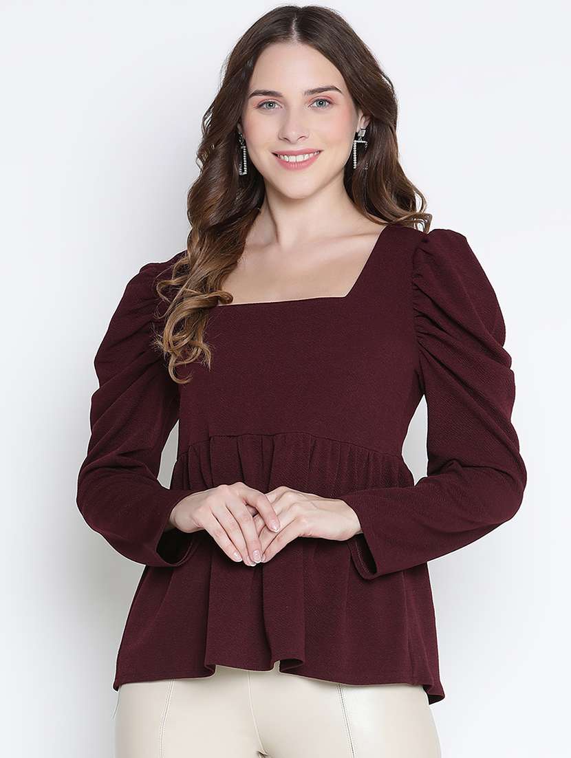 women brown polyester peplum top