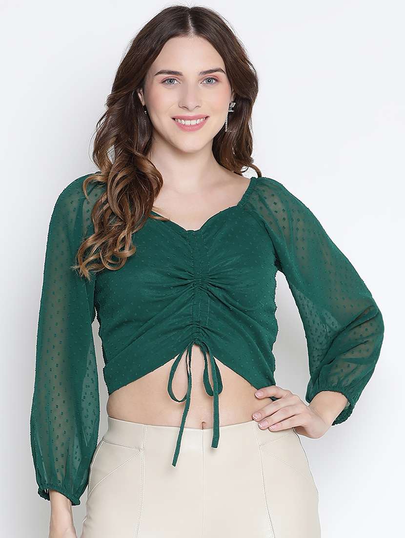 women bottle green polyester crop top