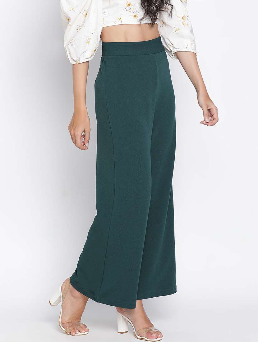 women bottle green polyester wide leg trouser - 21399554 -  Standard Image - 2