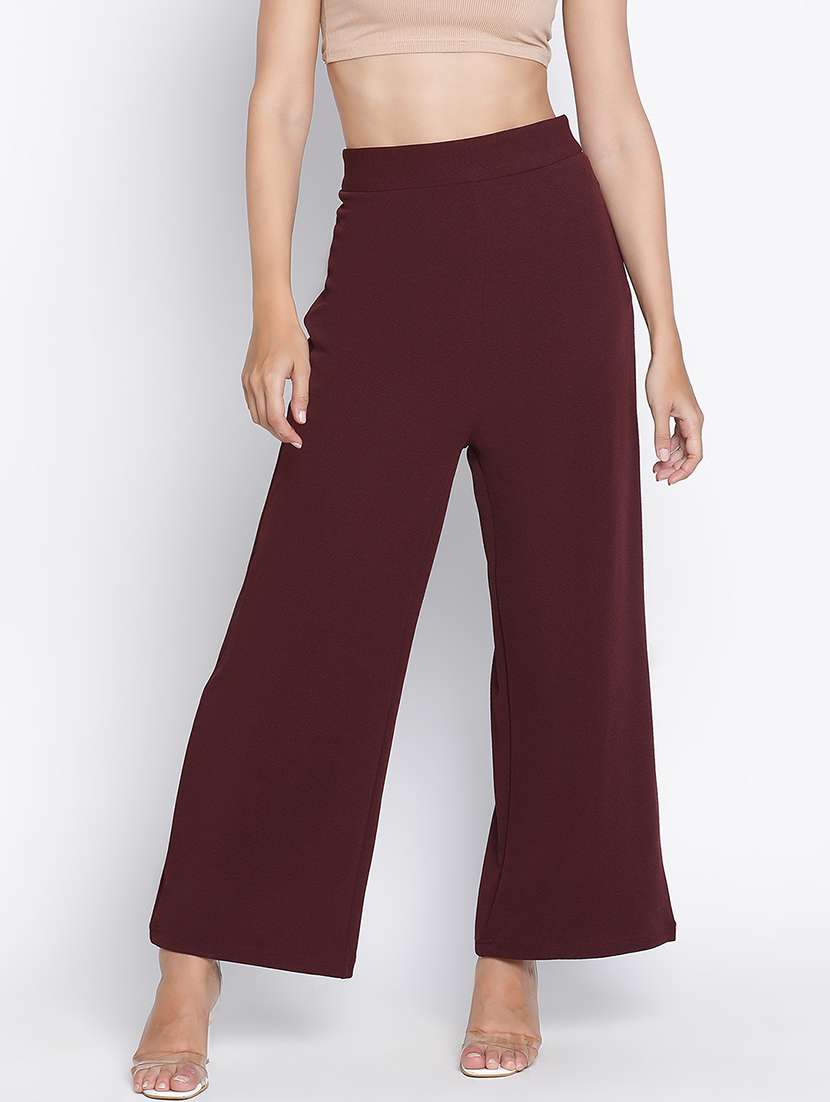 women mid-rise solid wide leg trouser