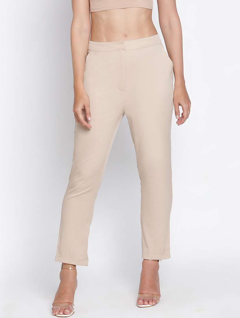women beige polyester tailored trouser