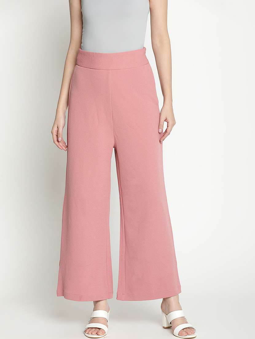 women mid-rise solid wide leg trouser