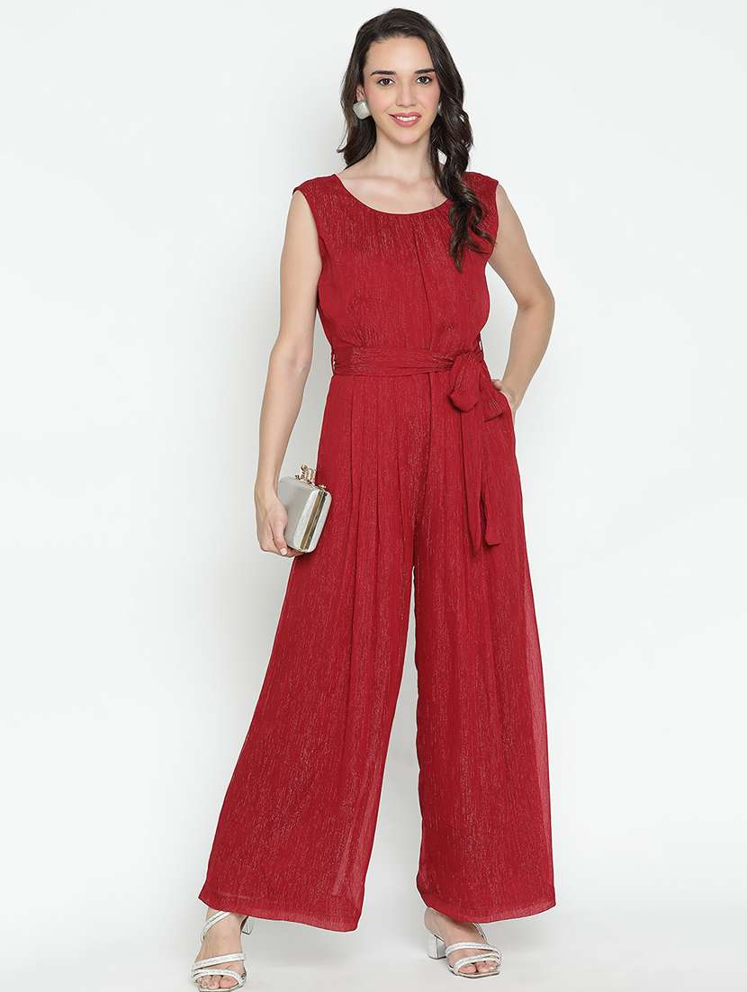 women maroon polyester full leg jumpsuit