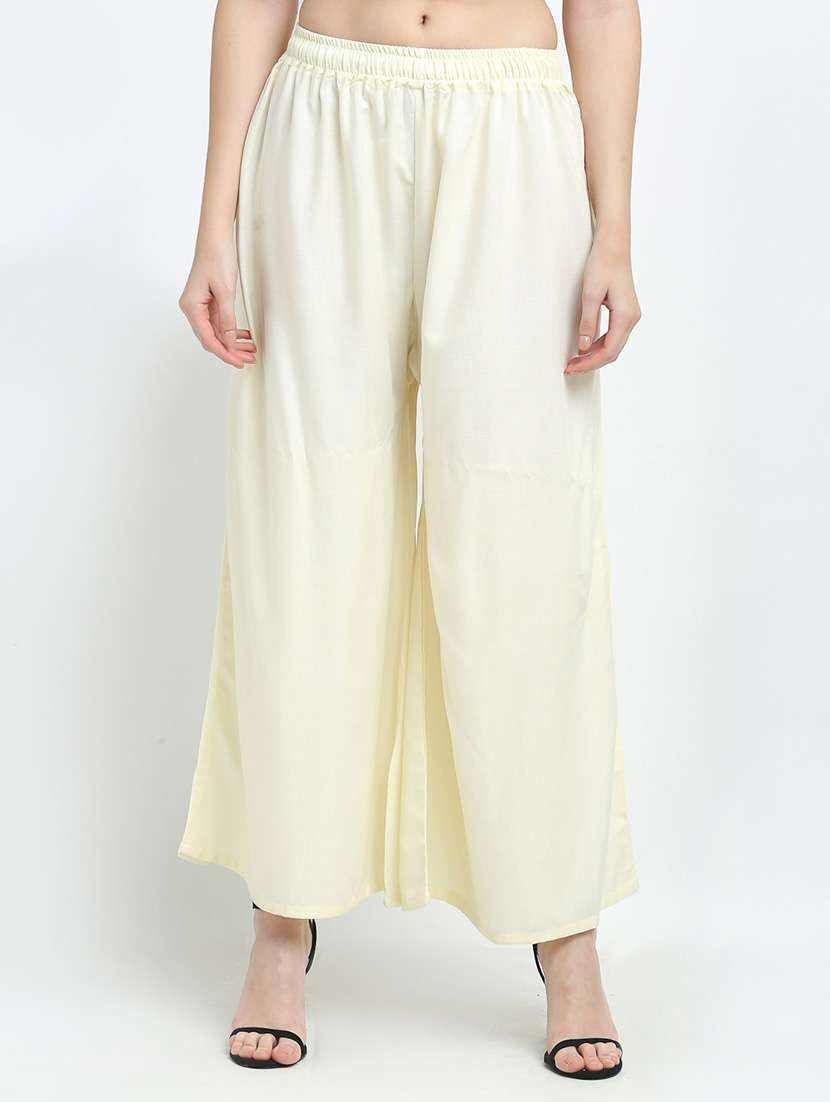 women cream rayon pocket palazzo
