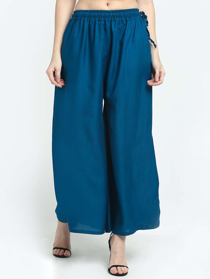 women blue rayon pocket palazzo