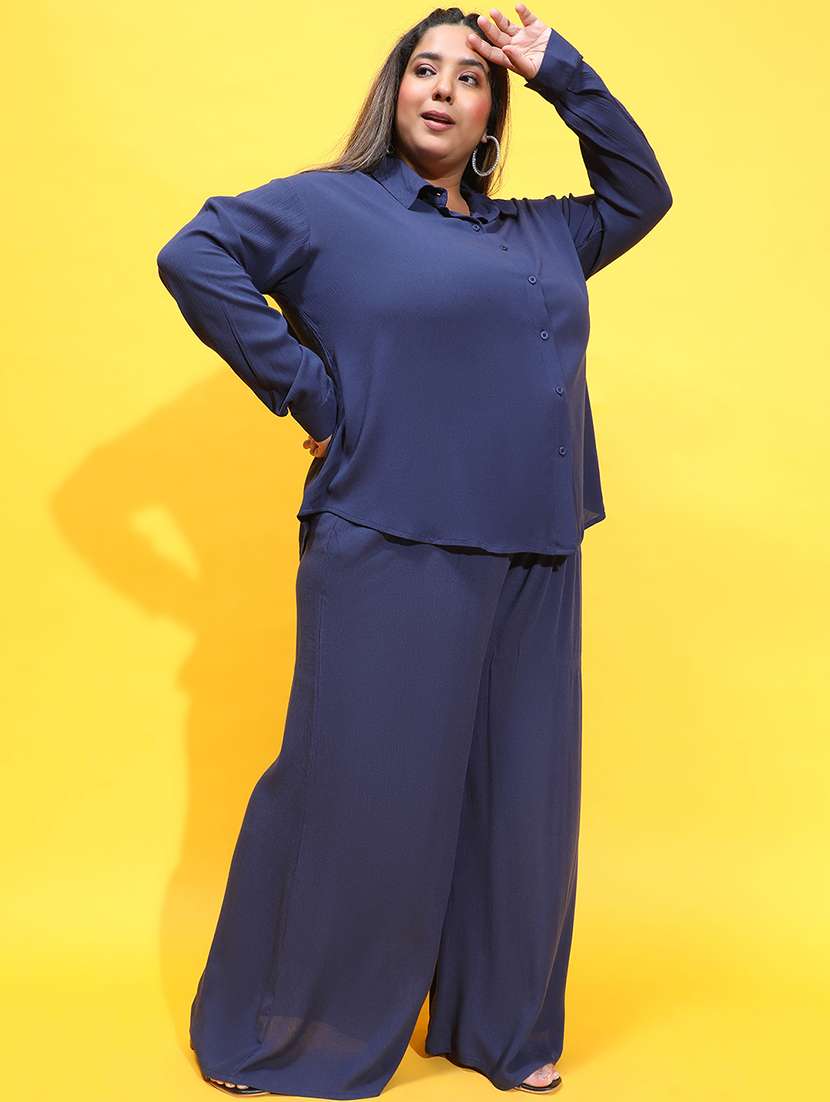 women navy blue plus size shirt and trouser co-ord set - 21399776 - Standard Image - 2