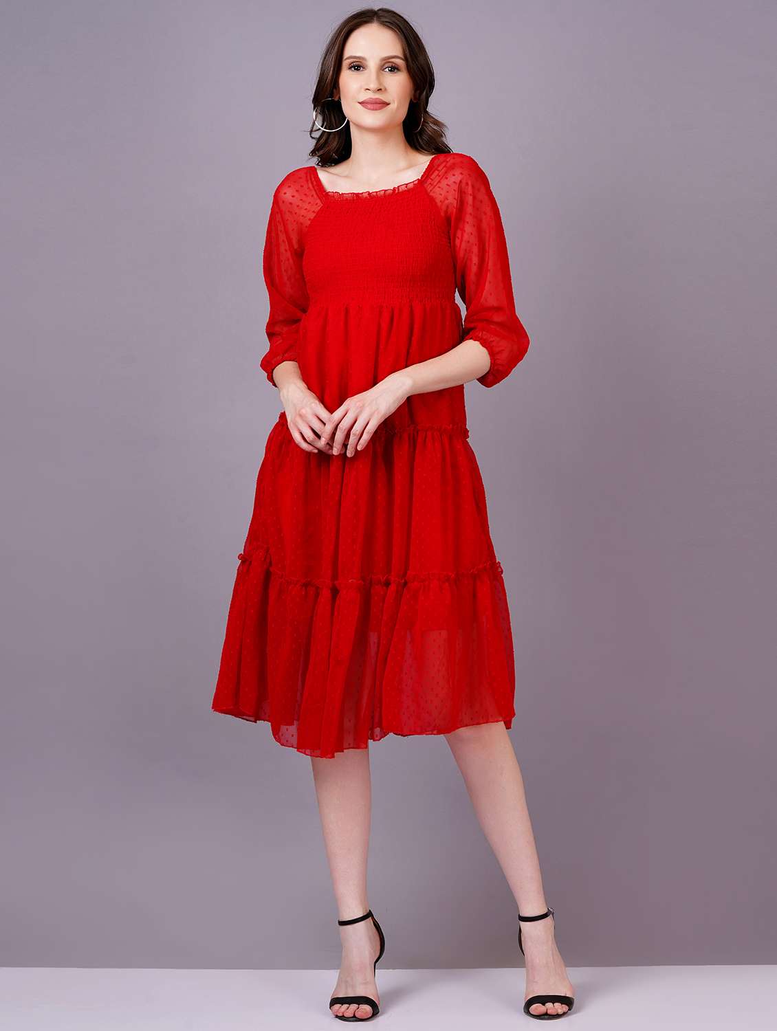 women square neck self design tiered dress - 21399903 -  Zoom Image - 0