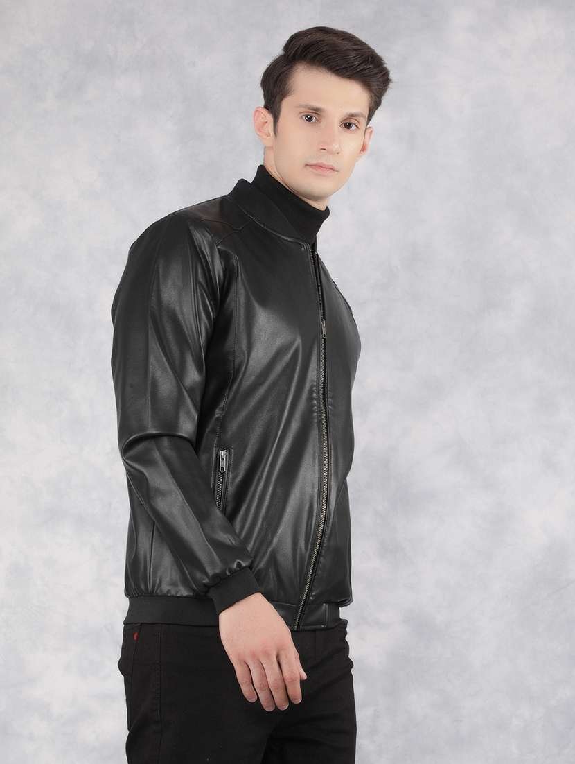 black solid leather casual jacket - 21400039 -  Standard Image - 2