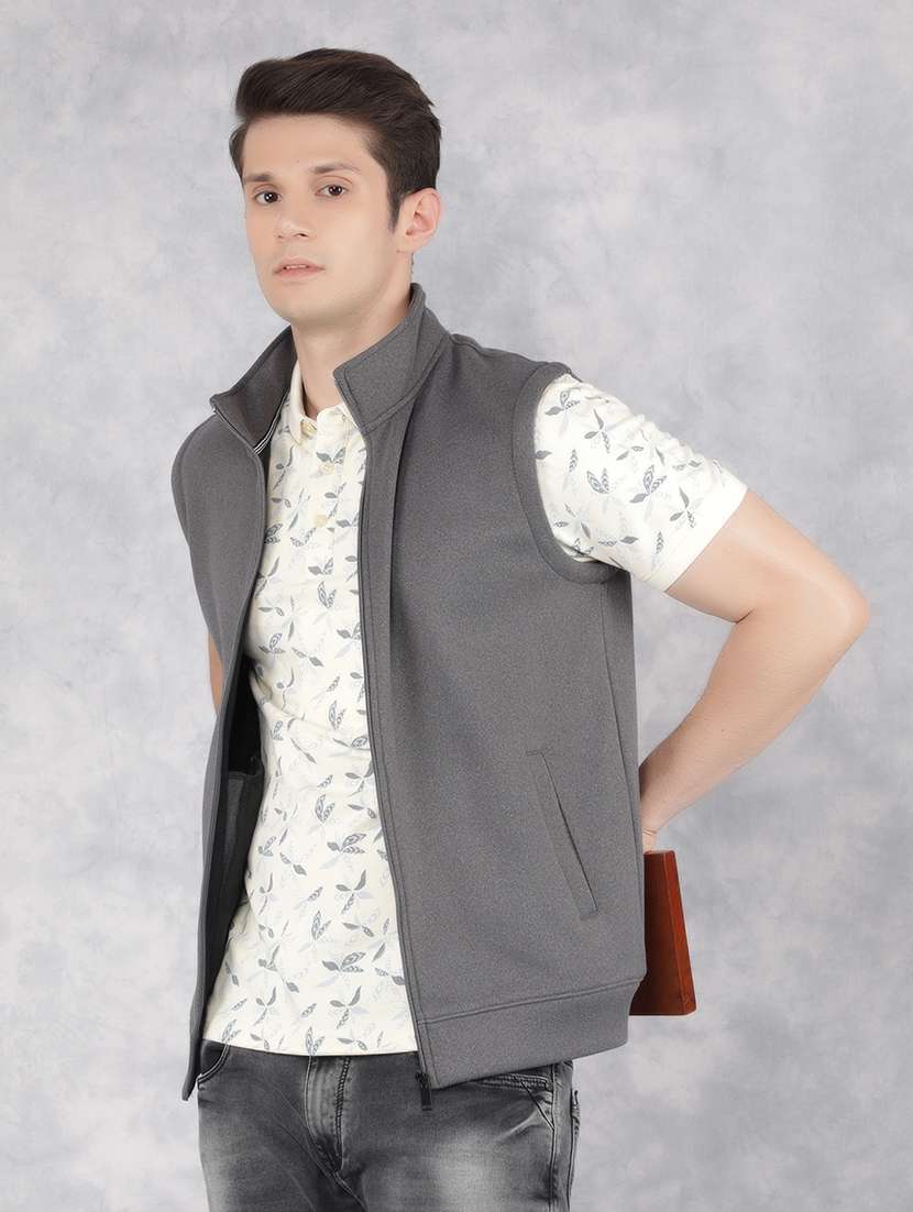 men's grey solid sleeveless casual jacket