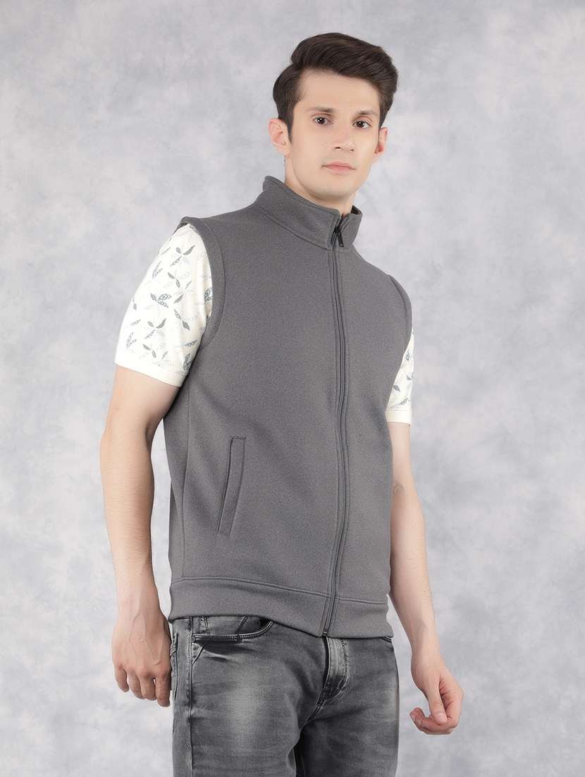 men's grey solid sleeveless casual jacket - 21400173 - Standard Image - 2