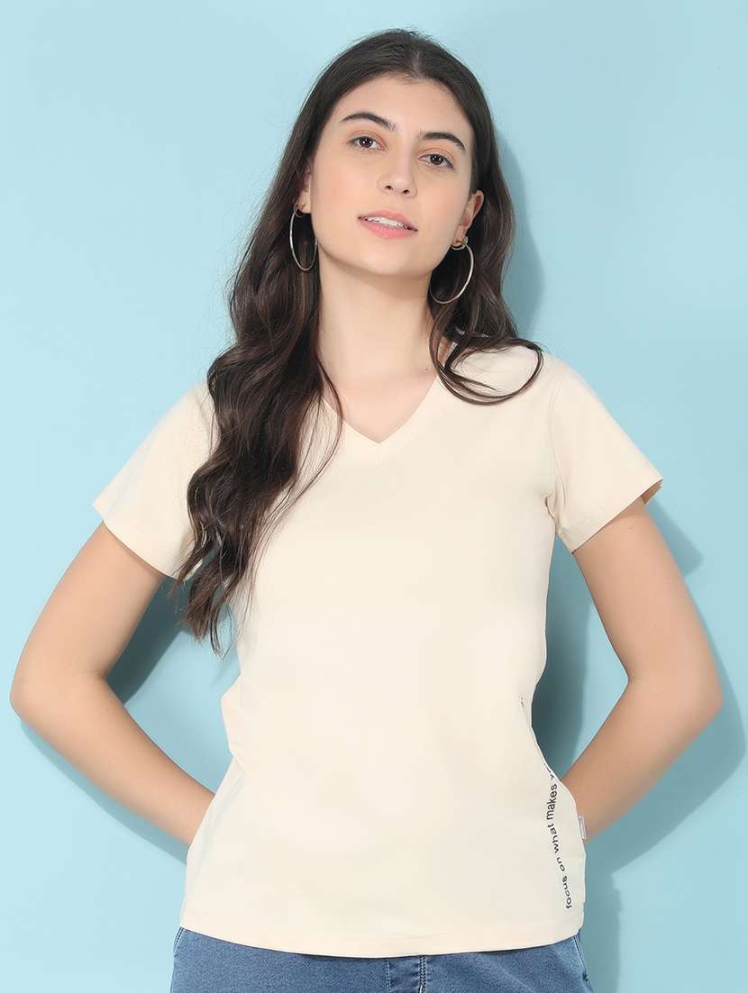 women cream cotton regular t-shirt
