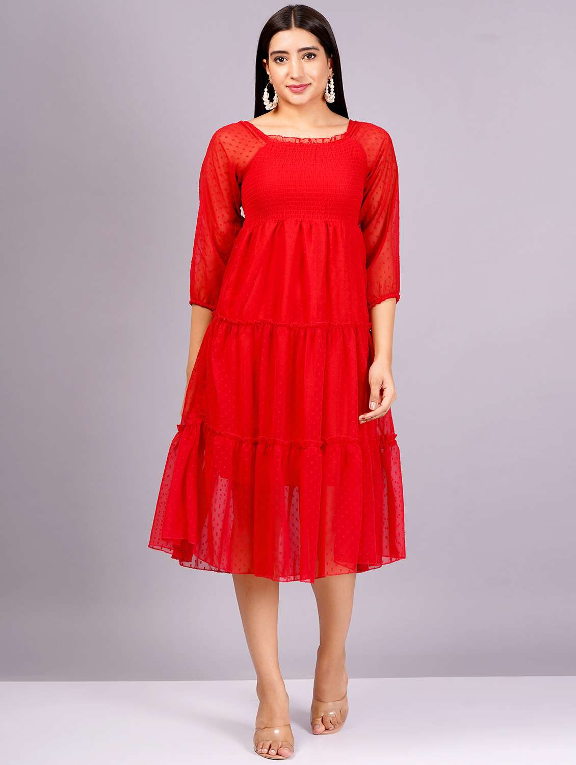 women red self-designed tiered dress - 21400351 - Zoom Image - 0