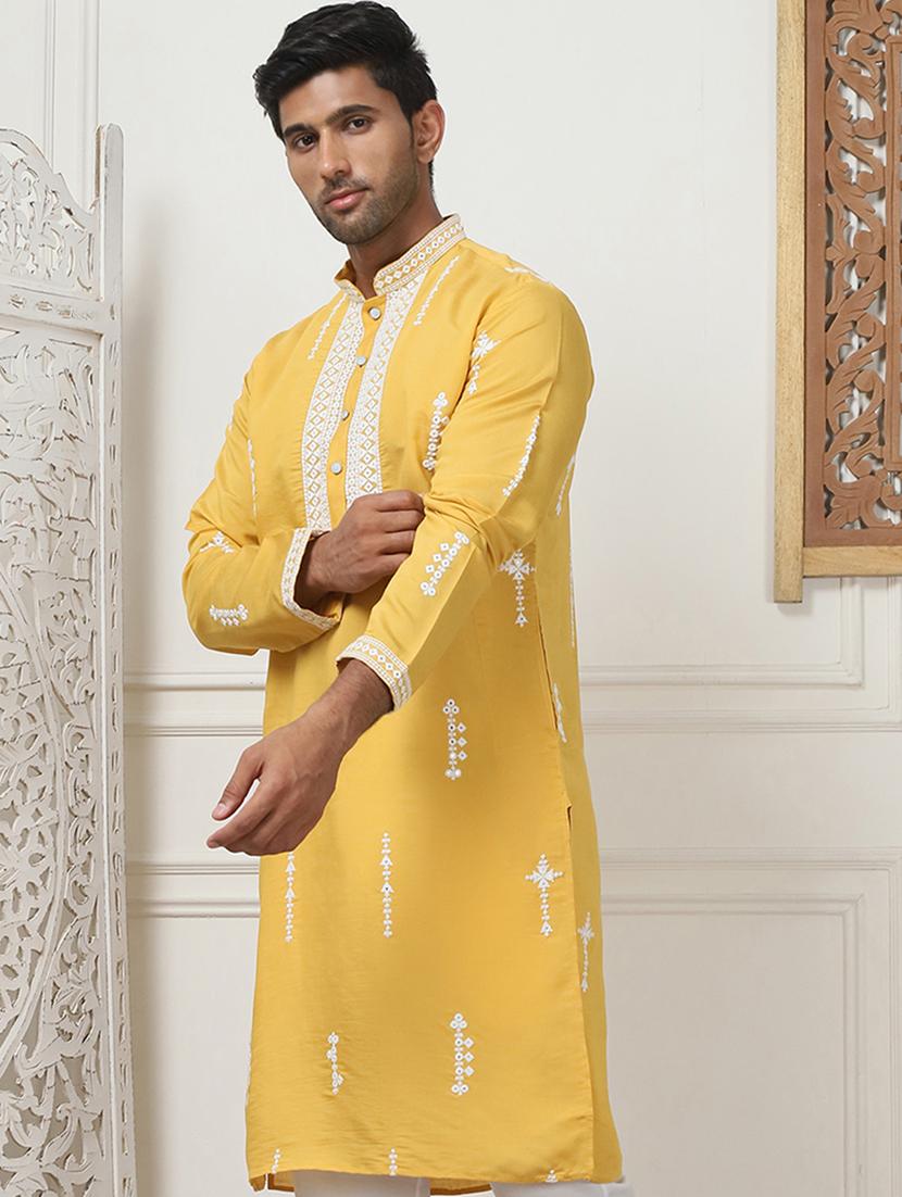 men mandarin neck embroidered long kurta - 21401428 - Standard Image - 2