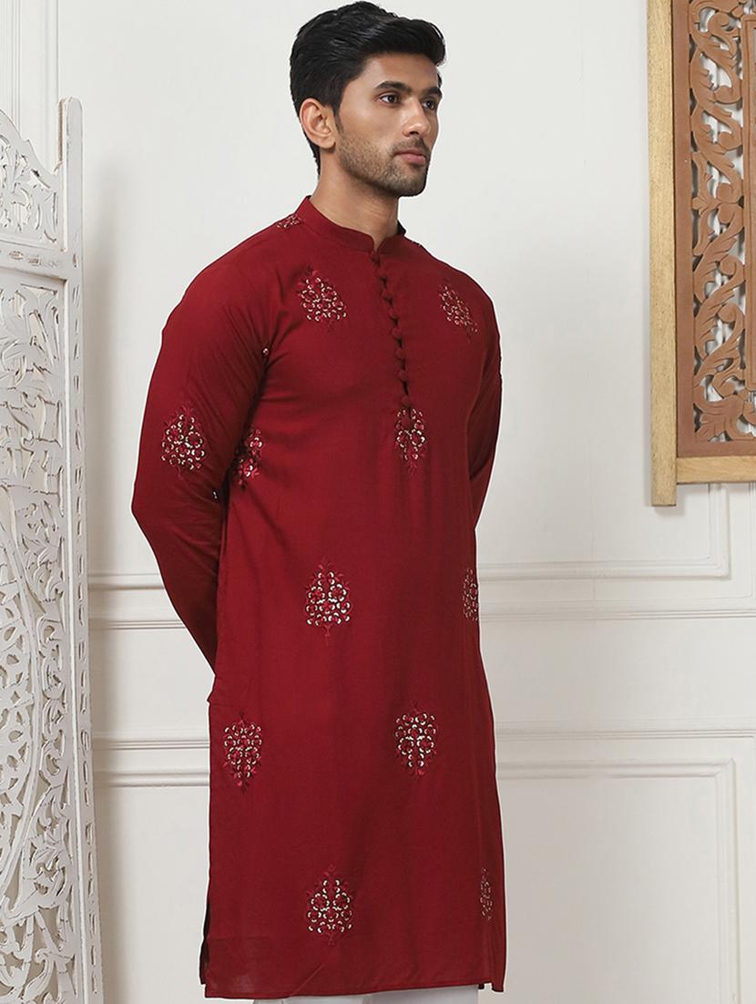 men mandarin neck embroidered long kurta - 21401438 - Standard Image - 2