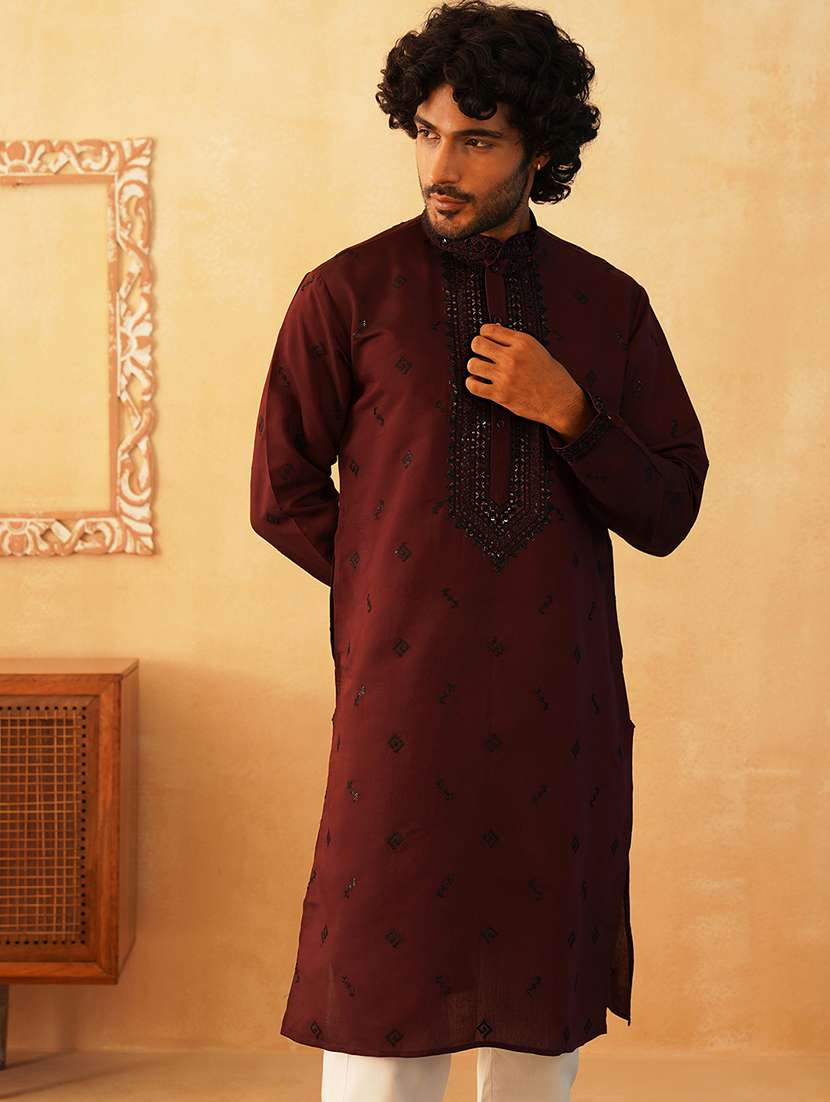 men mandarin neck embroidered long kurta