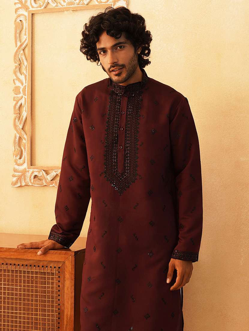 men mandarin neck embroidered long kurta - 21401444 - Standard Image - 2