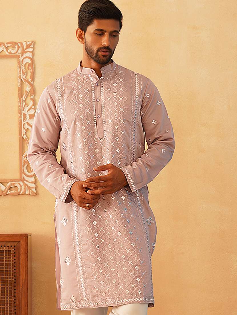 men mandarin neck embroidered long kurta