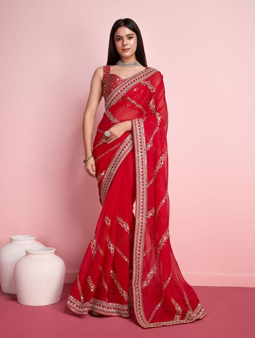 women red embroidered saree with blouse - 21401737 - Standard Image - 0