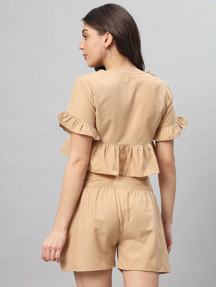 women nude brown cotton top and shorts co-ord set - 21401794 - Standard Image - 2