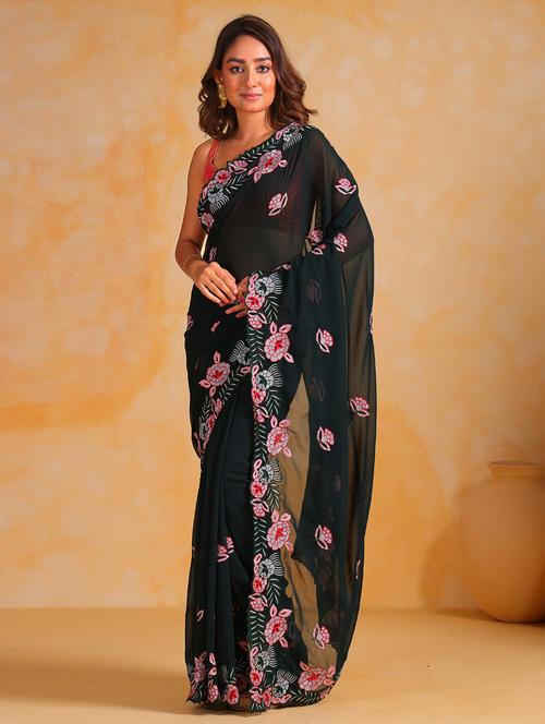 women black embroidered saree with blouse - 21402022 - Standard Image - 0