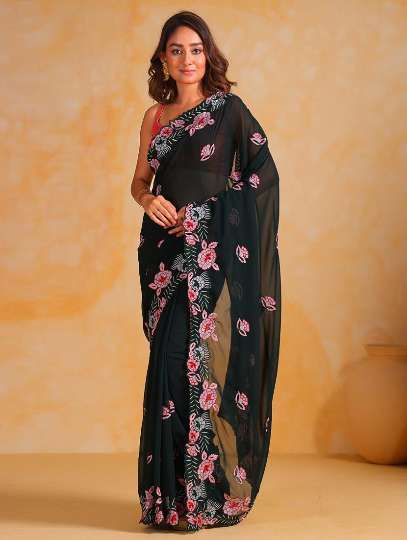 women black embroidered saree with blouse - 21402022 - Zoom Image - 0