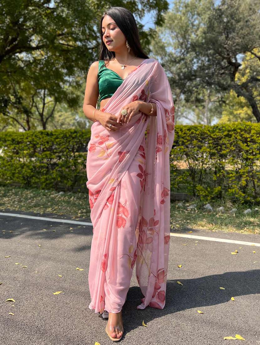women pink printed chiffon saree
