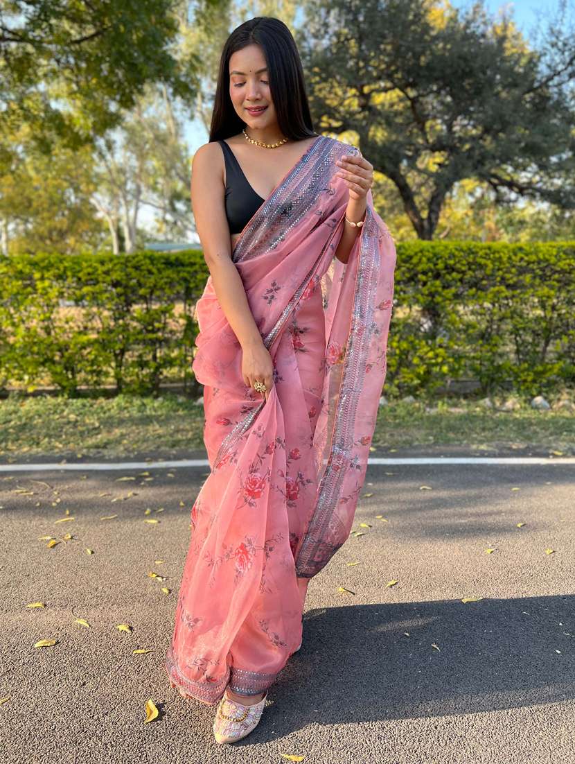 women pink floral printed saree with blouse