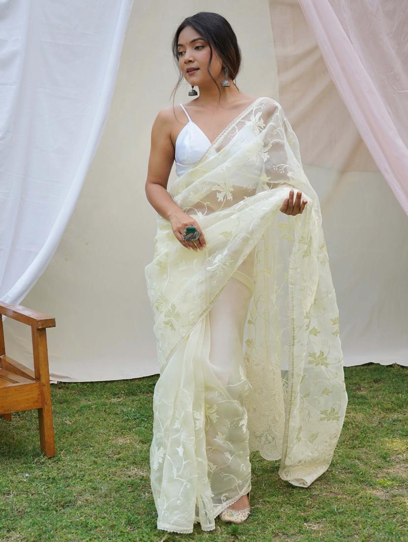 women yellow embroidered saree with blouse - 21402063 - Zoom Image - 0