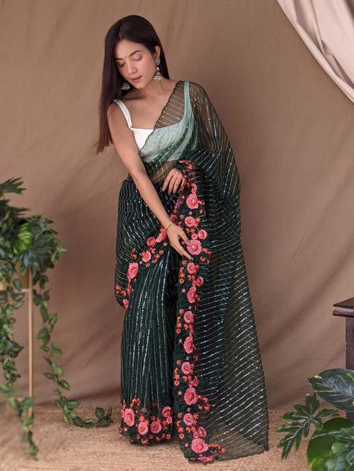 women green sequin work embroidered saree with blouse - 21402082 -  Standard Image - 0