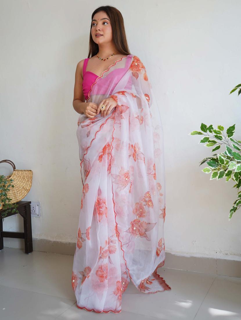 women white floral printed saree with blouse - 21402097 - Zoom Image - 0