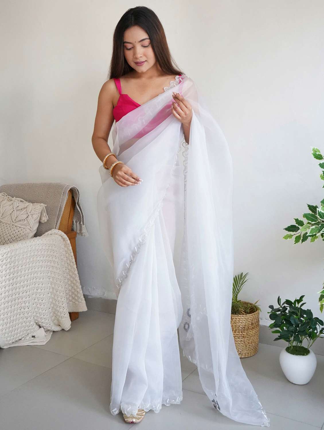 women white embellished saree with blouse