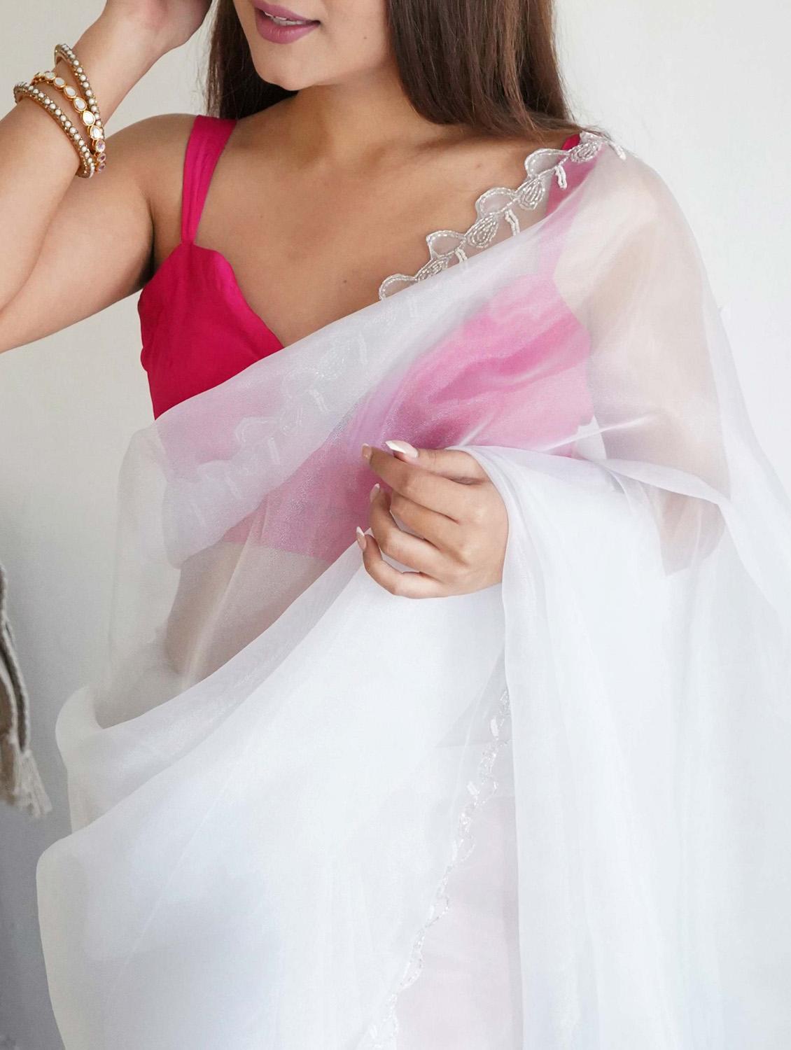 women white embellished saree with blouse - 21402127 - Standard Image - 2