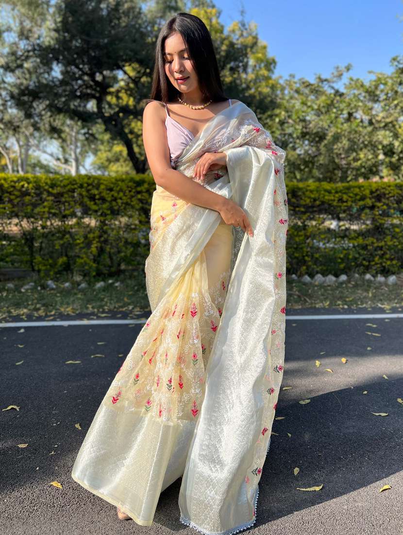 women yellow embroidered saree with blouse - 21402131 - Zoom Image - 0