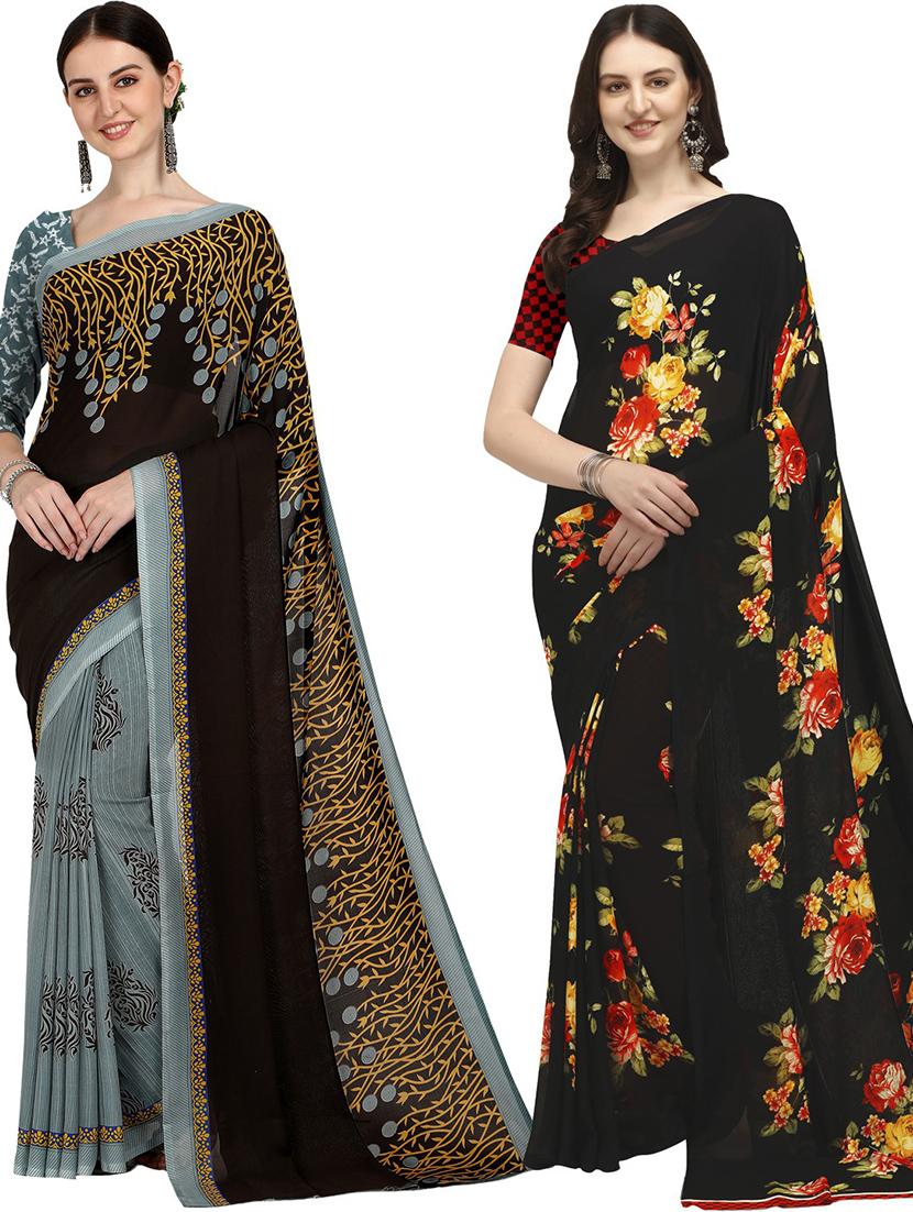 pack of 2 printed casual wear sarees with blouse - 21406091 - Zoom Image - 0