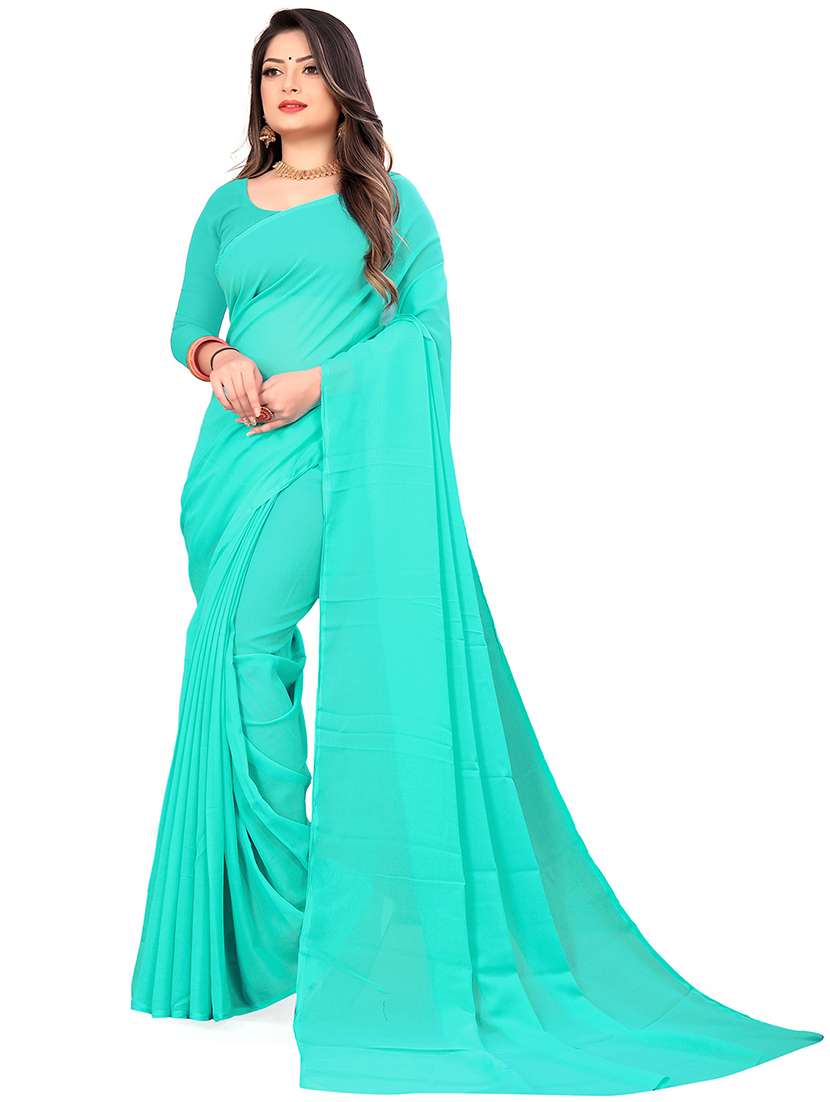women light blue solid georgette saree with blouse