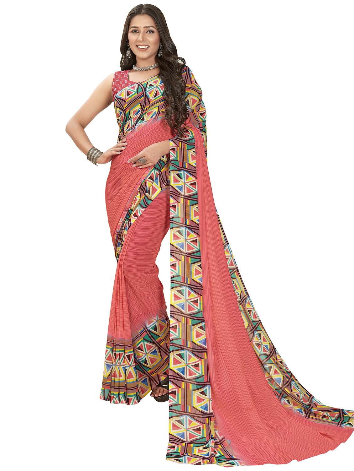women pink printed saree with blouse