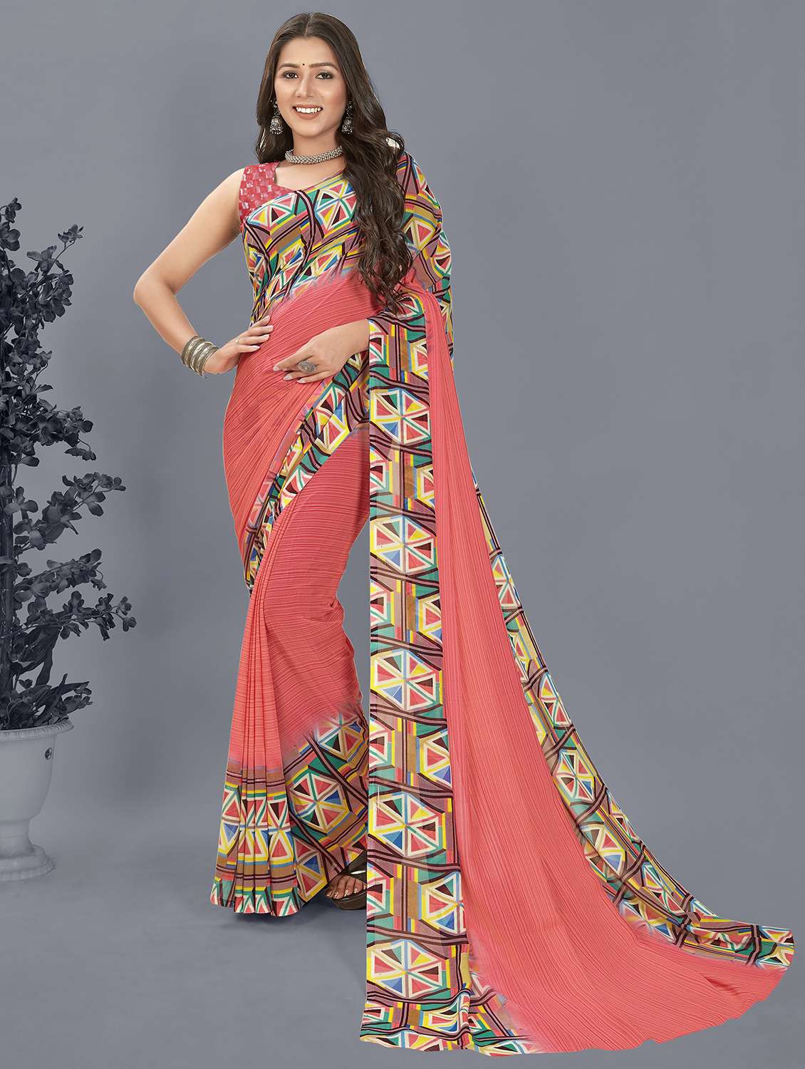 pink printed saree with blouse