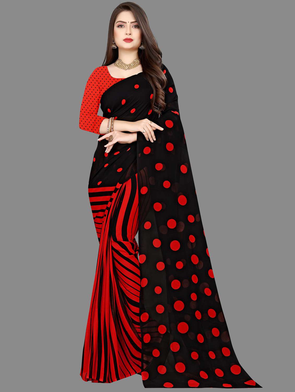 women black polka dots printed saree with blouse