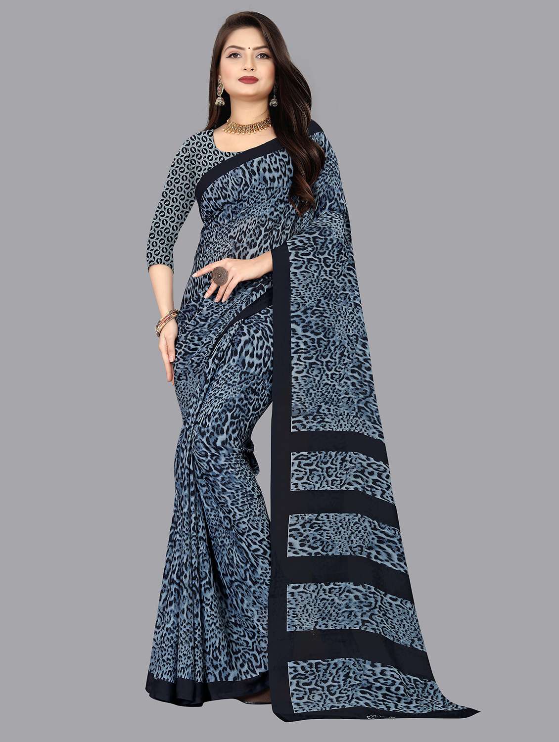 women grey animal printed georgette saree with blouse