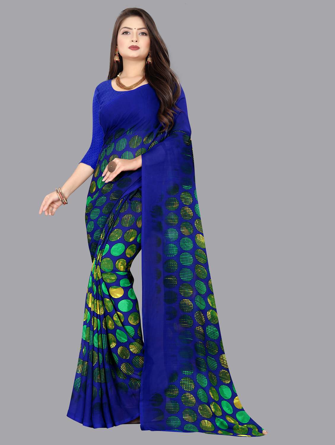 women blue printed georgette saree with blouse